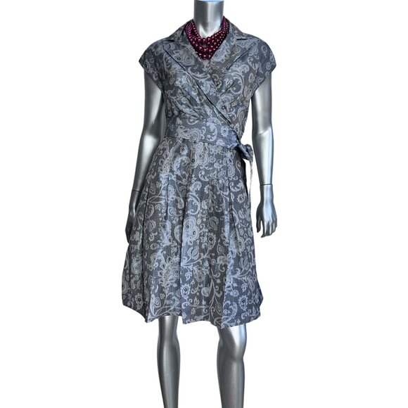 Anne Klein Gray Paisley Fit & Flare Belted Pleated Pocket Dress 4 - Picture 8 of 10
